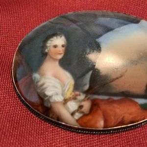 Antique Victorian Cameo Portrait Hand Painted Porcelain Silver Brooch Lg Pin Vtg